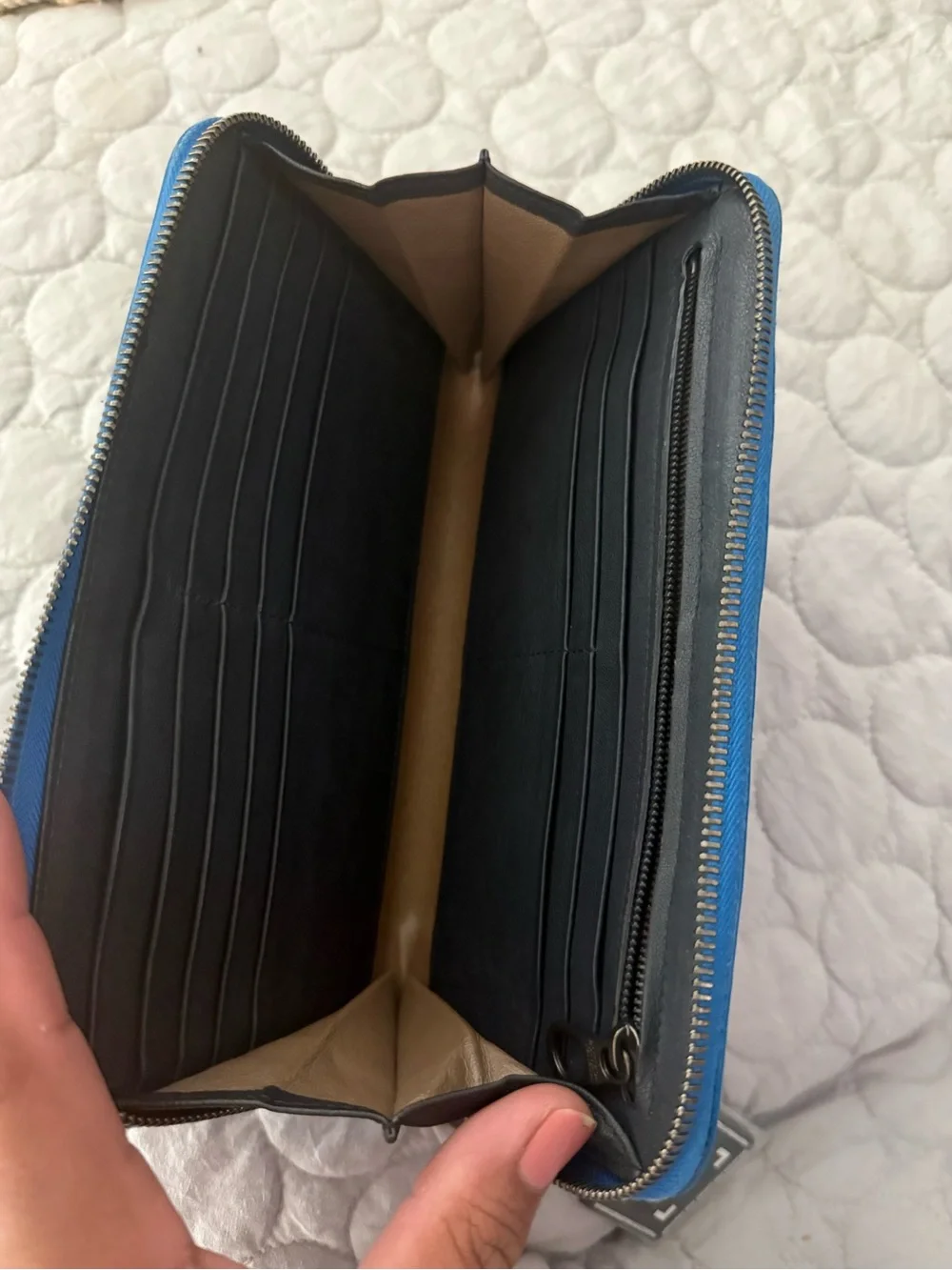 Bottega Veneta Blue and Black Woven Zip Wallet